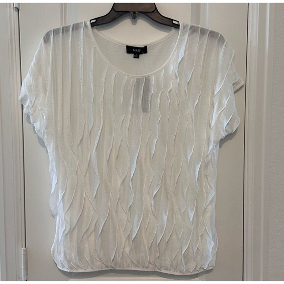 Naif Womens Large White Textured Short Sleeve Top 95% Polyester 5% Spandex - Picture 1 of 12